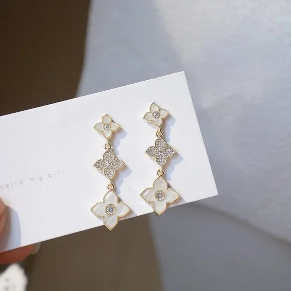 NEW 14K Gold Plated Diamond Clover Drop Earrings - Picture 7 of 7